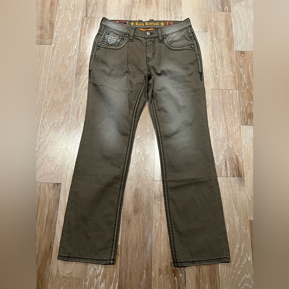 Rock Revival Chamois Slim Straight Leg Jeans Acid Wash Distressed Stitched 32